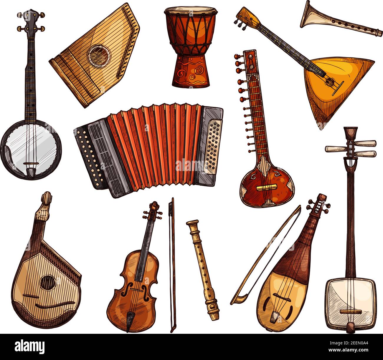 Ethnic musical instruments sketches. Italian viola, flute and accordion, indian sitar, american banjo, african djembe drum, russian balalaika, japanes Stock Vector
