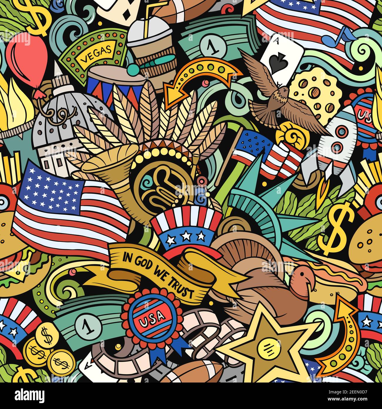 Cartoon doodles USA seamless pattern. Stock Vector