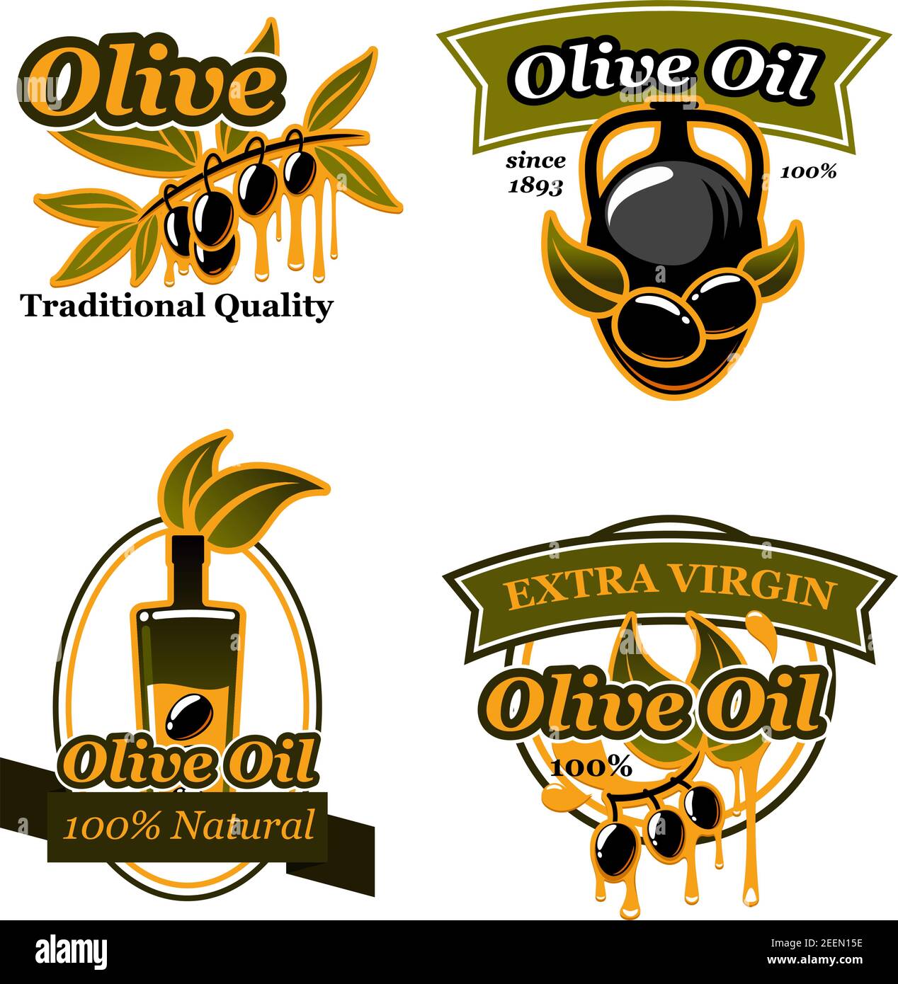 Olive oil extra virgin icons and symbols. Black olive fruit on branch