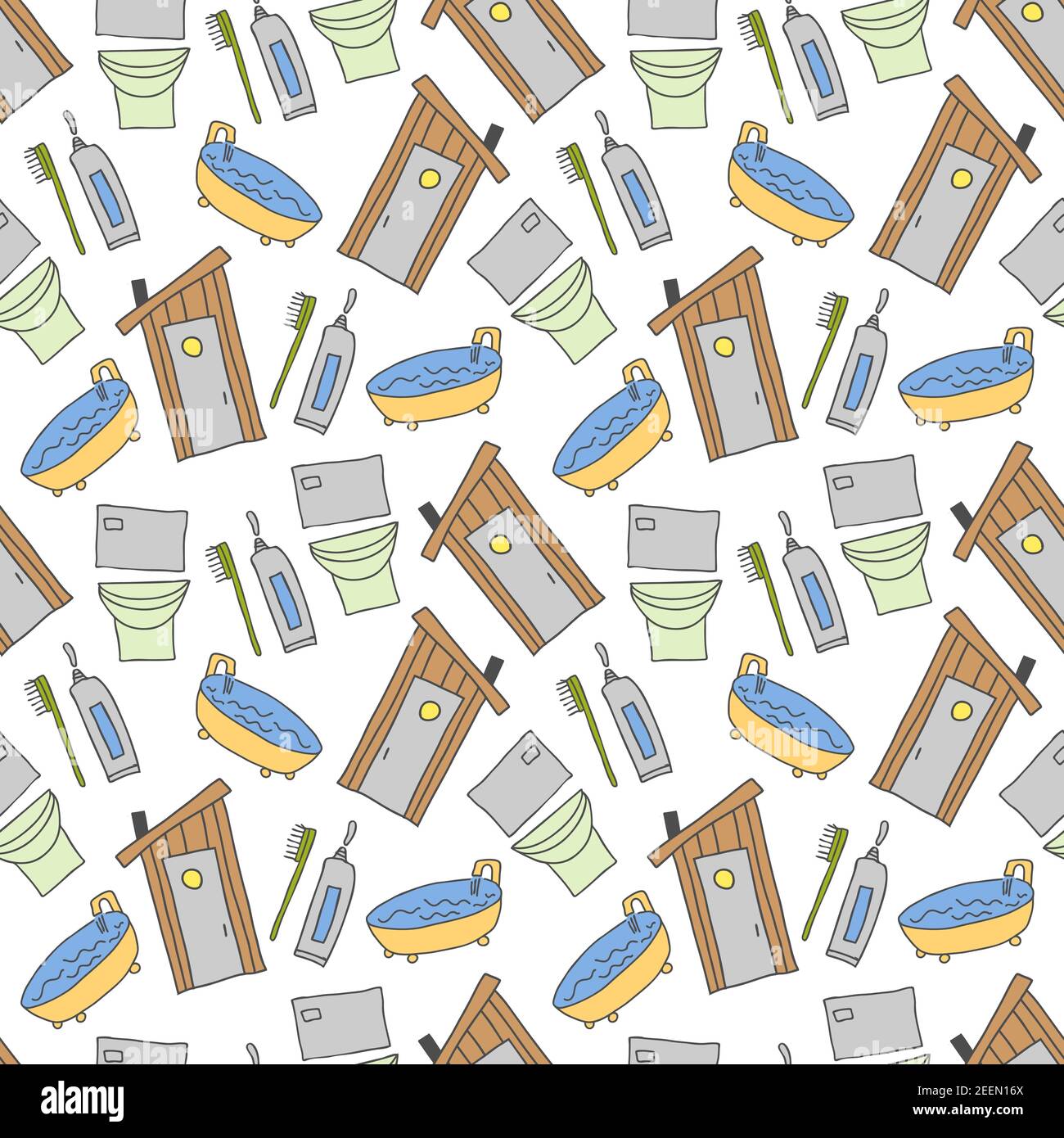pattern seamless kids with bathroom doodle element. Seamless pattern with toothpaste and toothbrush. Hand drawn vector illustration, bathroom hand dra Stock Vector