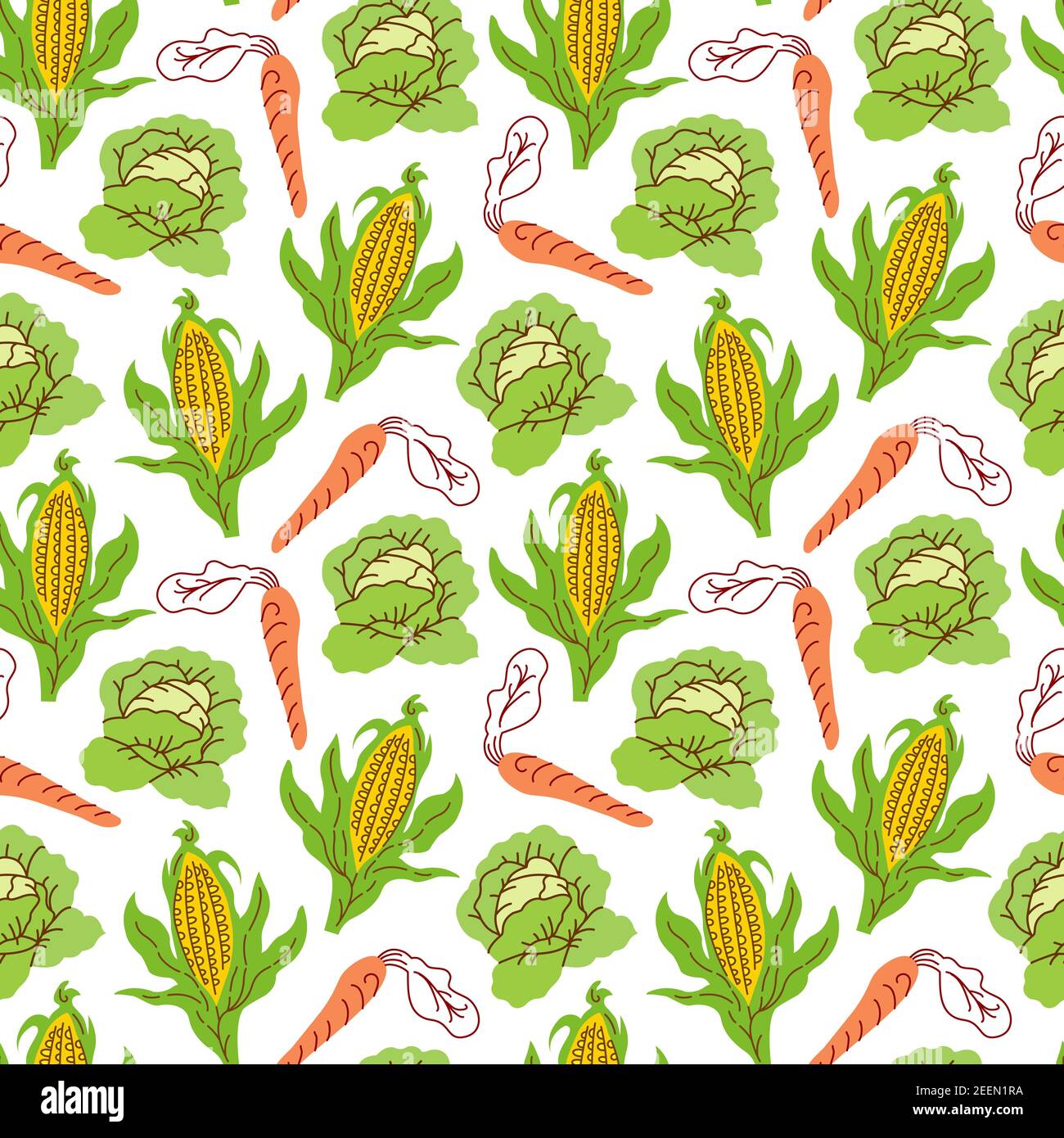 Seamless pattern vegetables with elements of corn, carrots, cabbage. Vector illustration Stock Vector