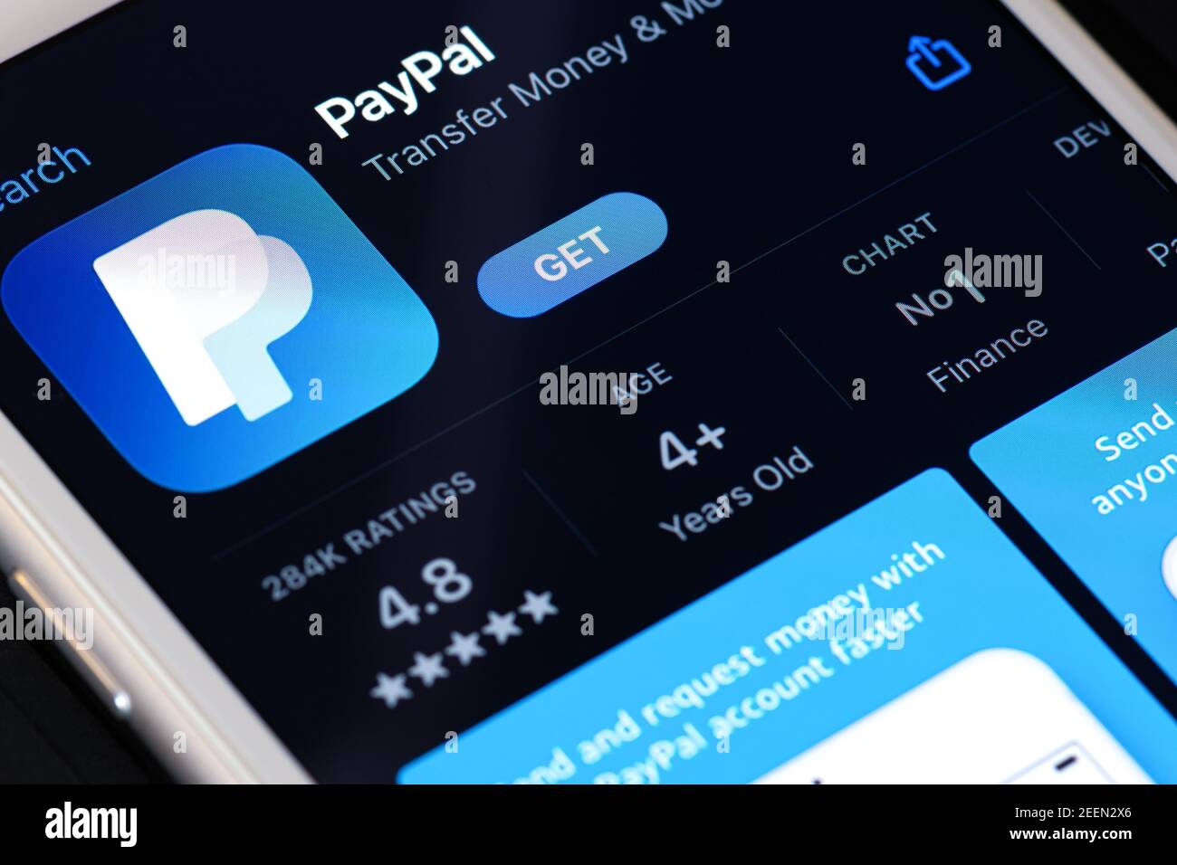 Guilherand-Granges, France - February 08, 2021. Smartphone with Paypal app logo.  American company operating a worldwide online payment system. Online Stock Photo