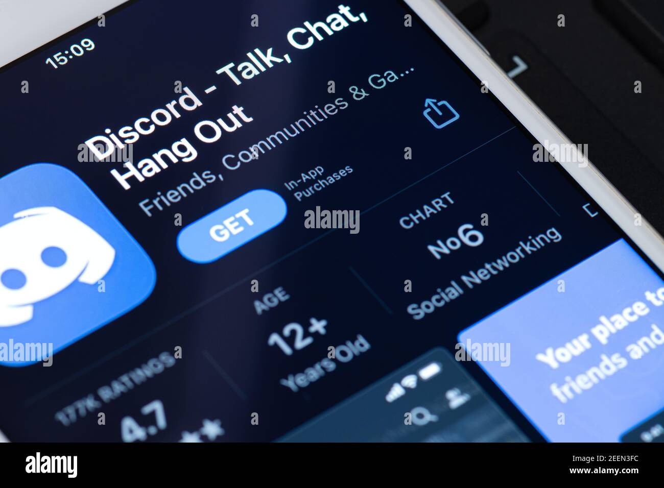 Guilherand-Granges, France - February 08, 2021. Smartphone with Discord app logo. American VoIP, instant messaging and digital distribution platform. Stock Photo
