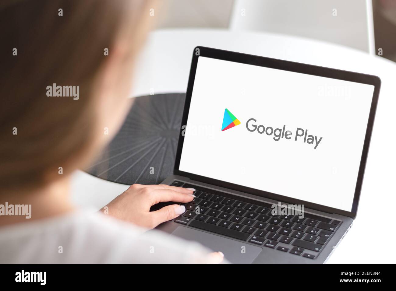 Guilherand-Granges, France - February 16, 2021. Notebook with Google Play app logo. Digital distribution service operated and developed by Google. Stock Photo