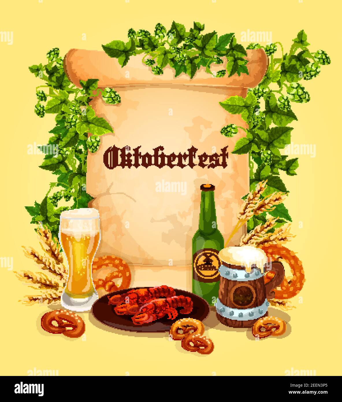 Oktoberfest beer festival poster template. Vector beer mug or glass of ale or pint and traditional German snacks of fish kipper or pretzel and meat gr Stock Vector