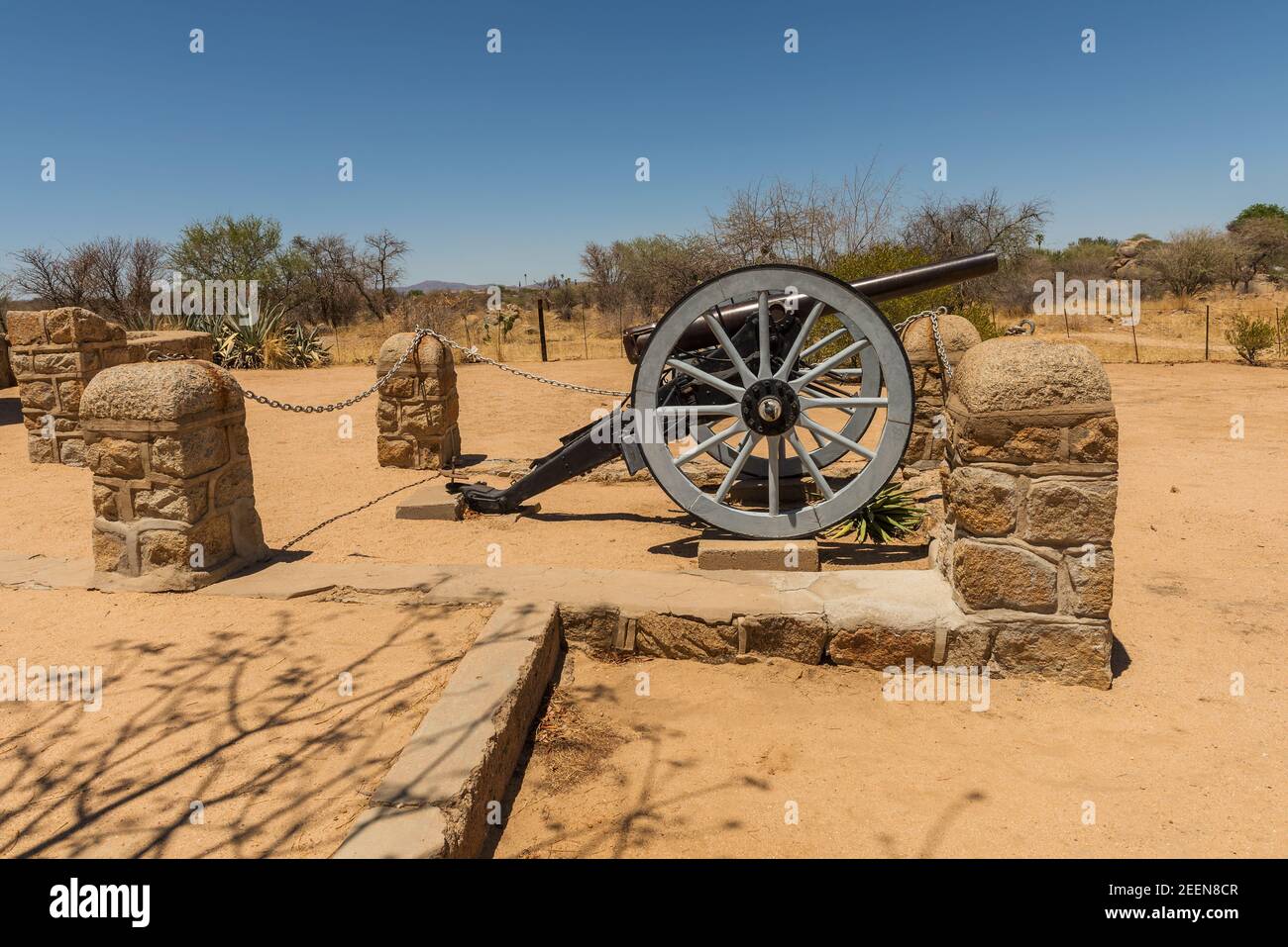 historic cannon in front of the Franke Tower, Franketurm, in Omaruru, Namibia Stock Photo