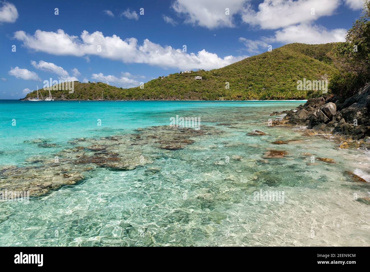 View of the tropical water and hillside along Little Hawksnest Bay on the island of St. John in the United States Virgin Islands. Stock Photo