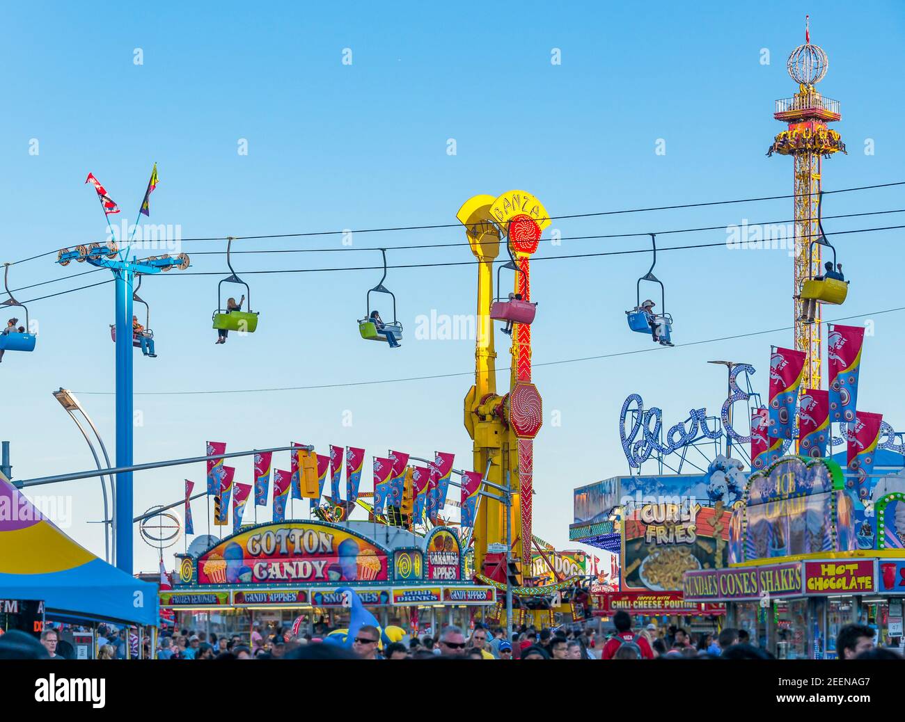 CNE or Canada National Exhibition: General view of amusement rides, food stands, and public. Stock Photo