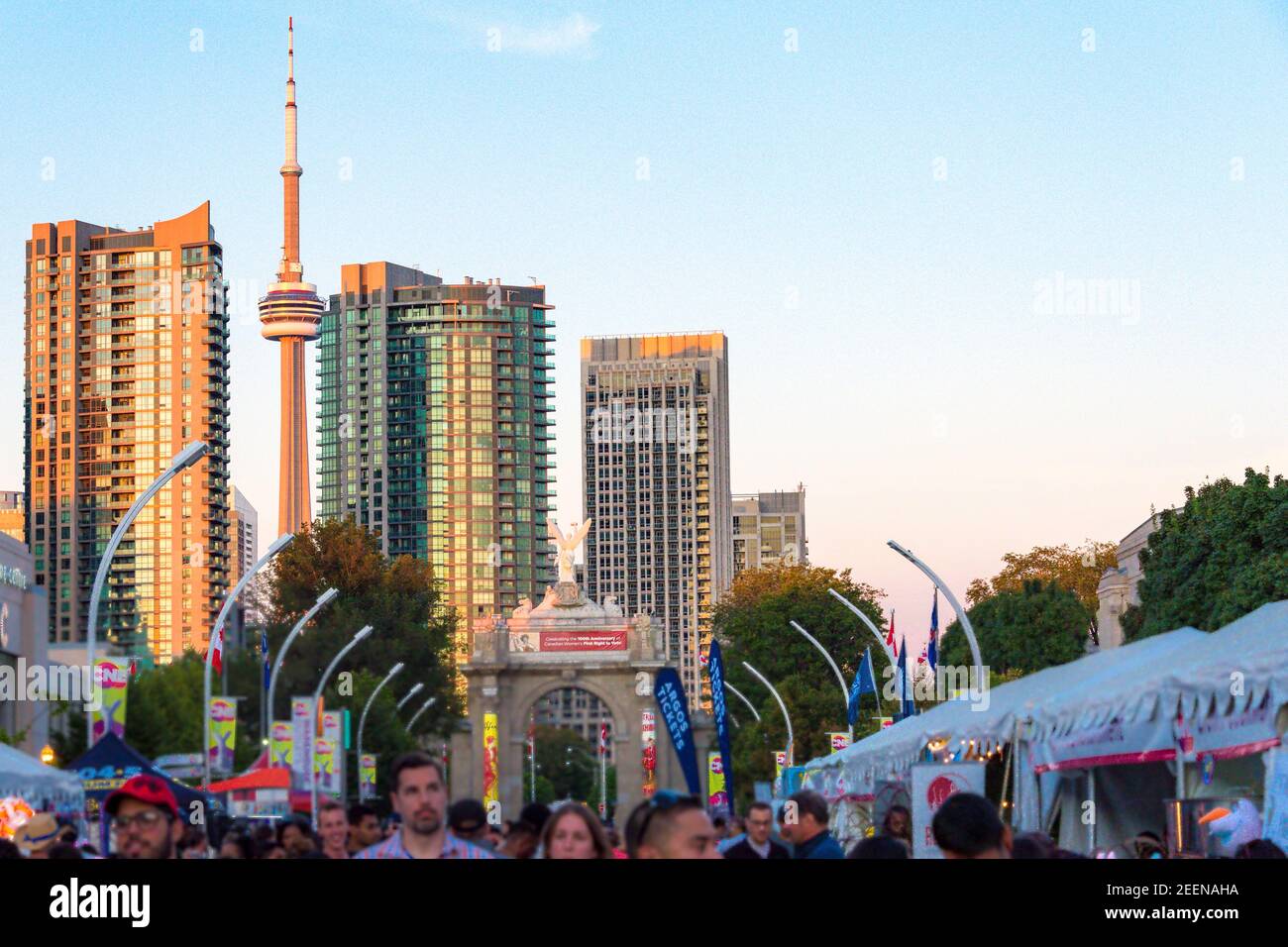 CNE or Canada National Exhibition: The CN Tower in a general view of the grounds full of visitors. Stock Photo