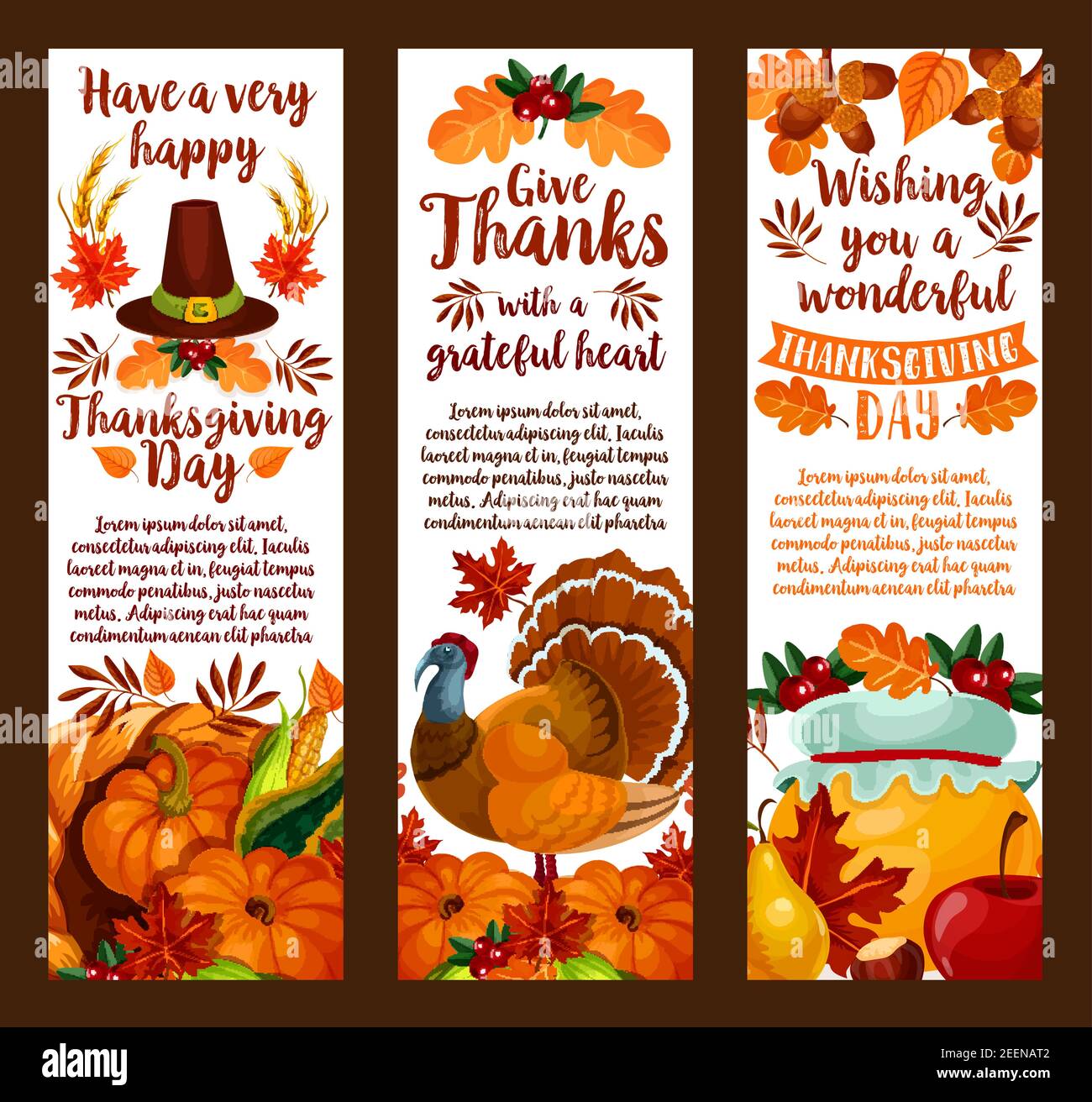 Happy Thanksgiving Day banner set with autumn holiday symbols. Turkey ...