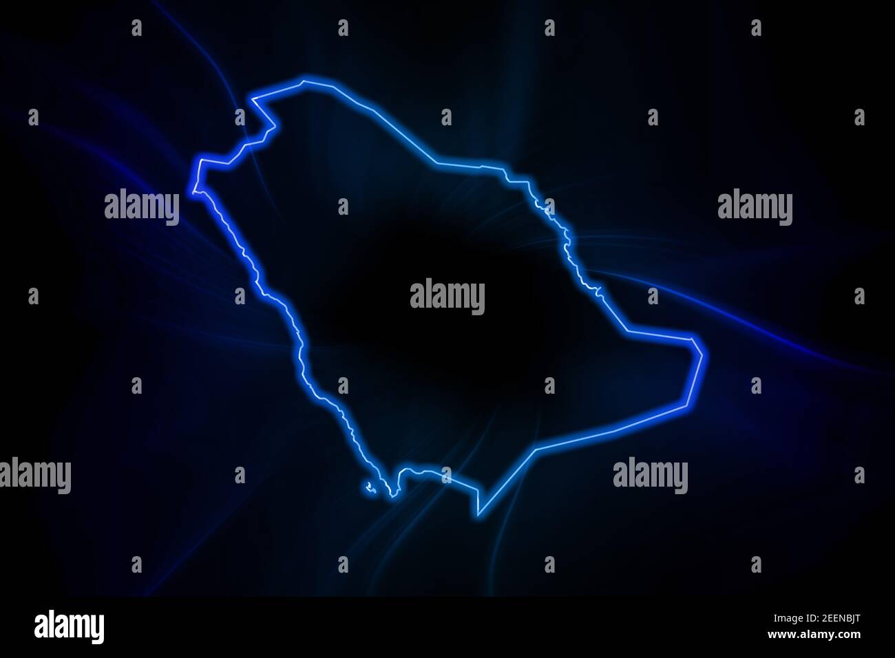 Glowing Map of Saudi Arabia, modern blue outline map, on dark Background Stock Photo