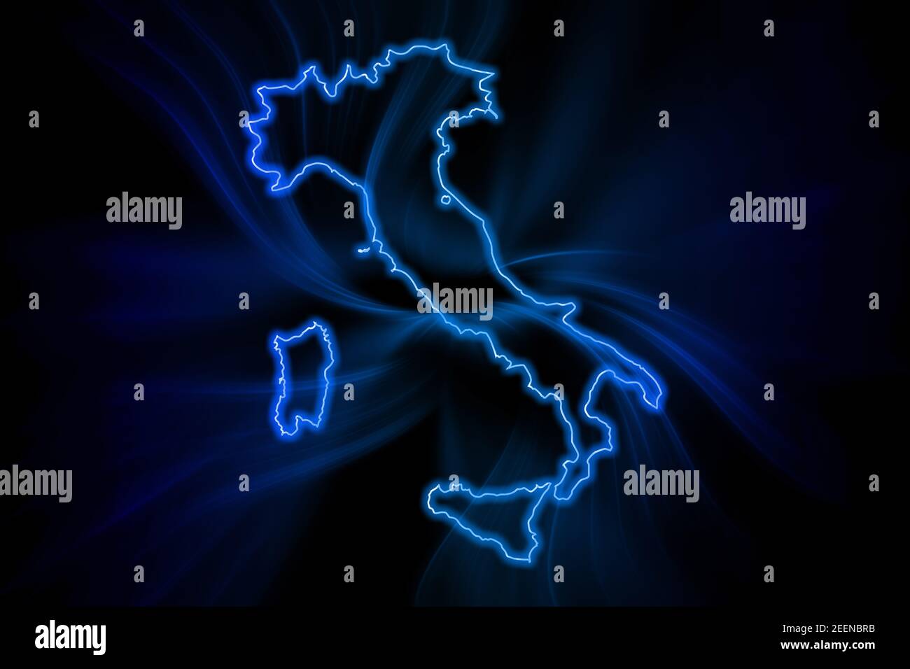 Glowing Map of Italy, modern blue outline map, on dark Background Stock Photo