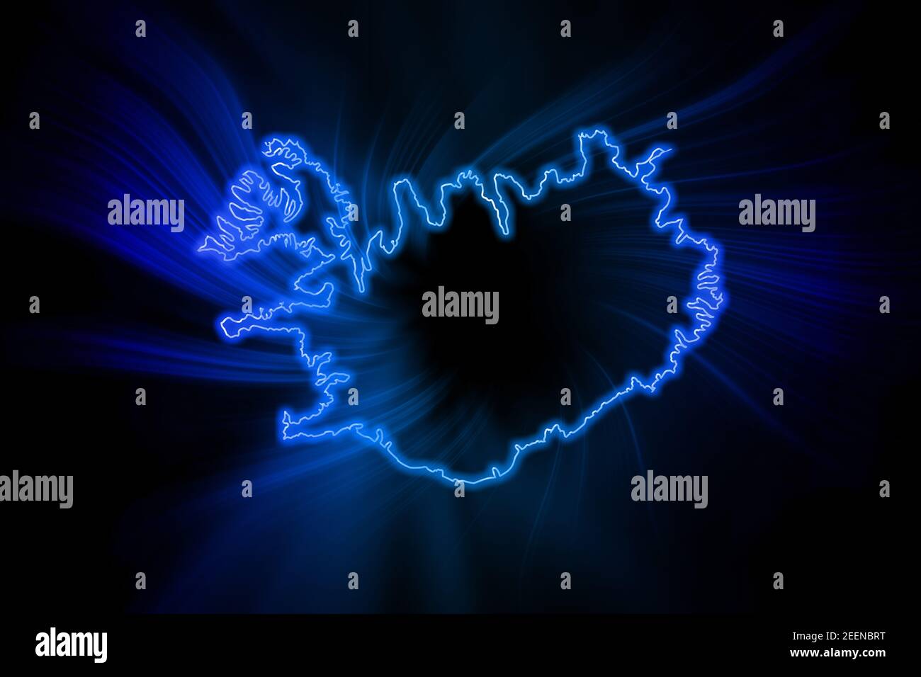 Glowing Map of Iceland, modern blue outline map, on dark Background Stock Photo