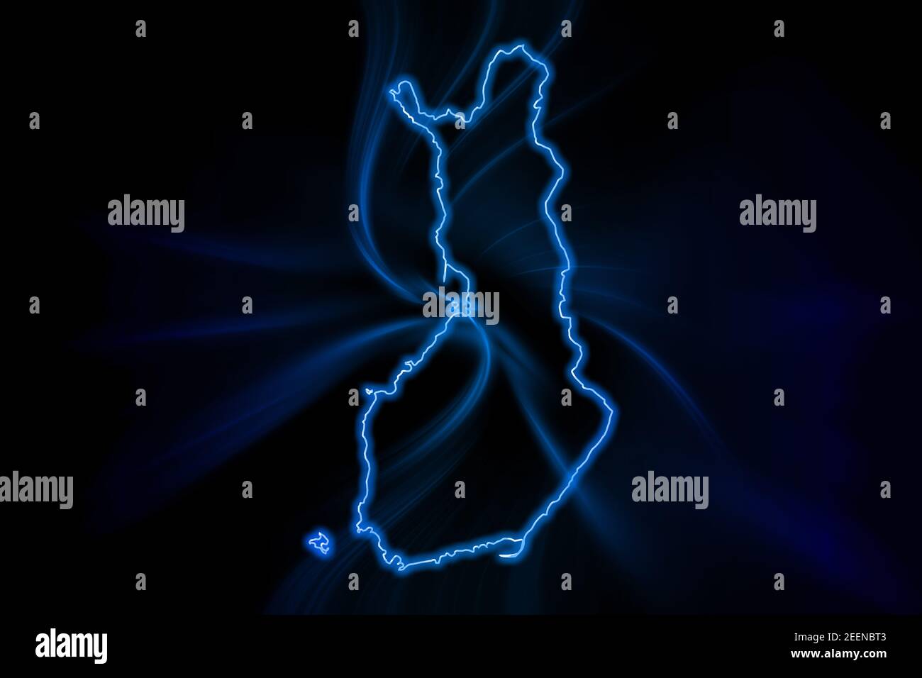 Glowing Map of Finland, modern blue outline map, on dark Background Stock Photo