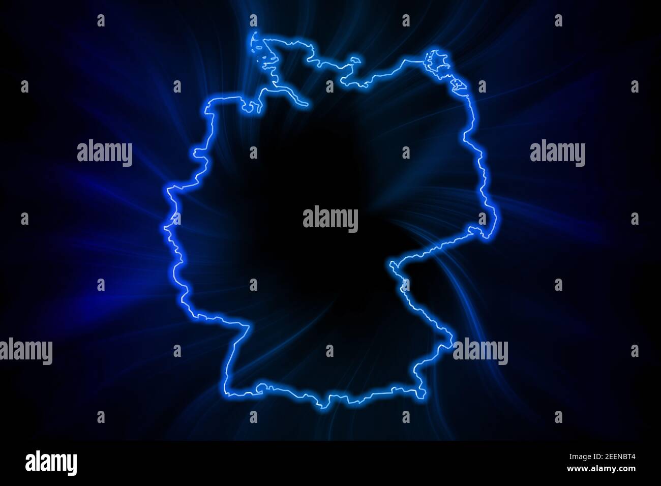 Glowing Map of Germany, modern blue outline map, on dark Background Stock Photo