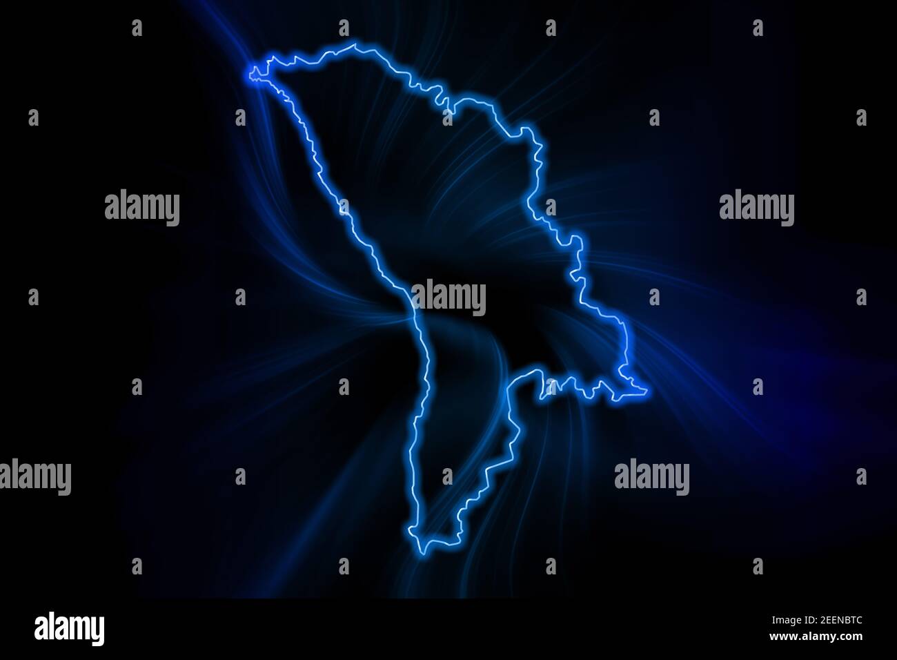 Glowing Map of Moldova, modern blue outline map, on dark Background Stock Photo