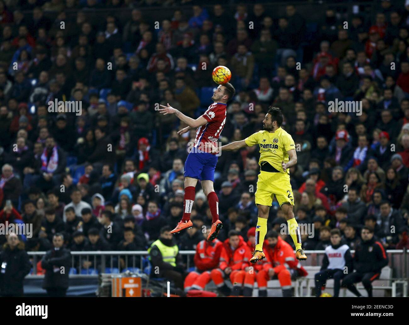 Football Soccer - Atletico Madrid v Villarreal - Spanish Liga BBVA - Vicente Calderon stadium, Madrid, Spain - 21/2/16 Atletico Madrid's Saul Niguez and Villarreal's Mario Gaspar Perez in action REUTERS/Susana Vera      TPX IMAGES OF THE DAY        Picture Supplied by Action Images Stock Photo