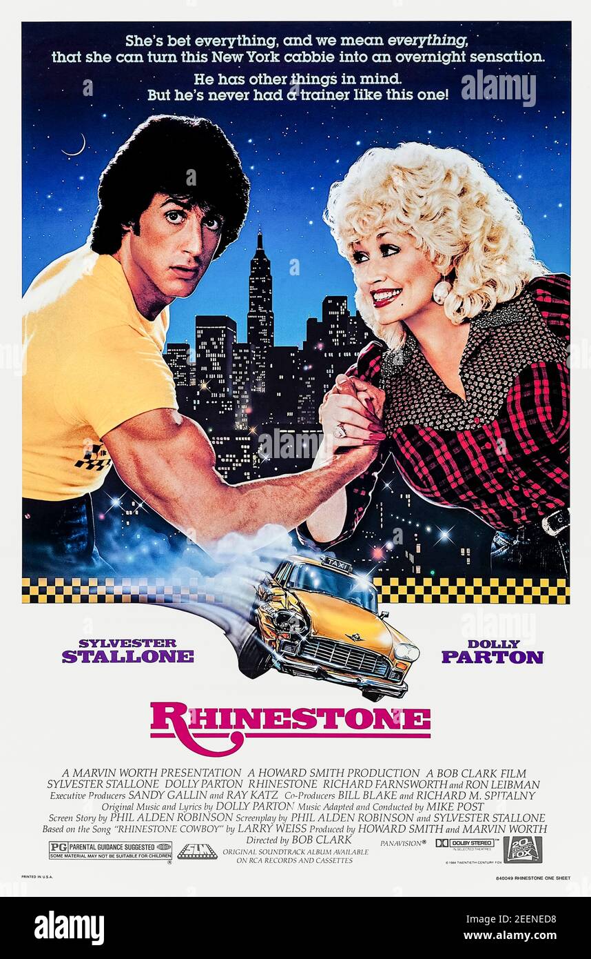 Rhinestone (1984) directed by Bob Clark and starring Sylvester Stallone, Dolly Parton and Richard Farnsworth. George Bernard Shaw never saw this one coming! A country music star must turn an obnoxious New York taxi driver into a singer in order to win a bet. Stock Photo