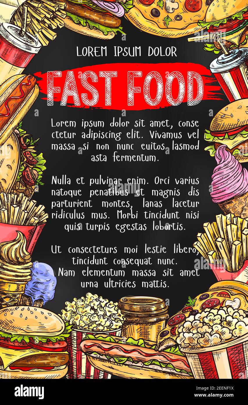 Fast food menu chalkboard banner. Hamburger, hot dog, soda, pizza ...