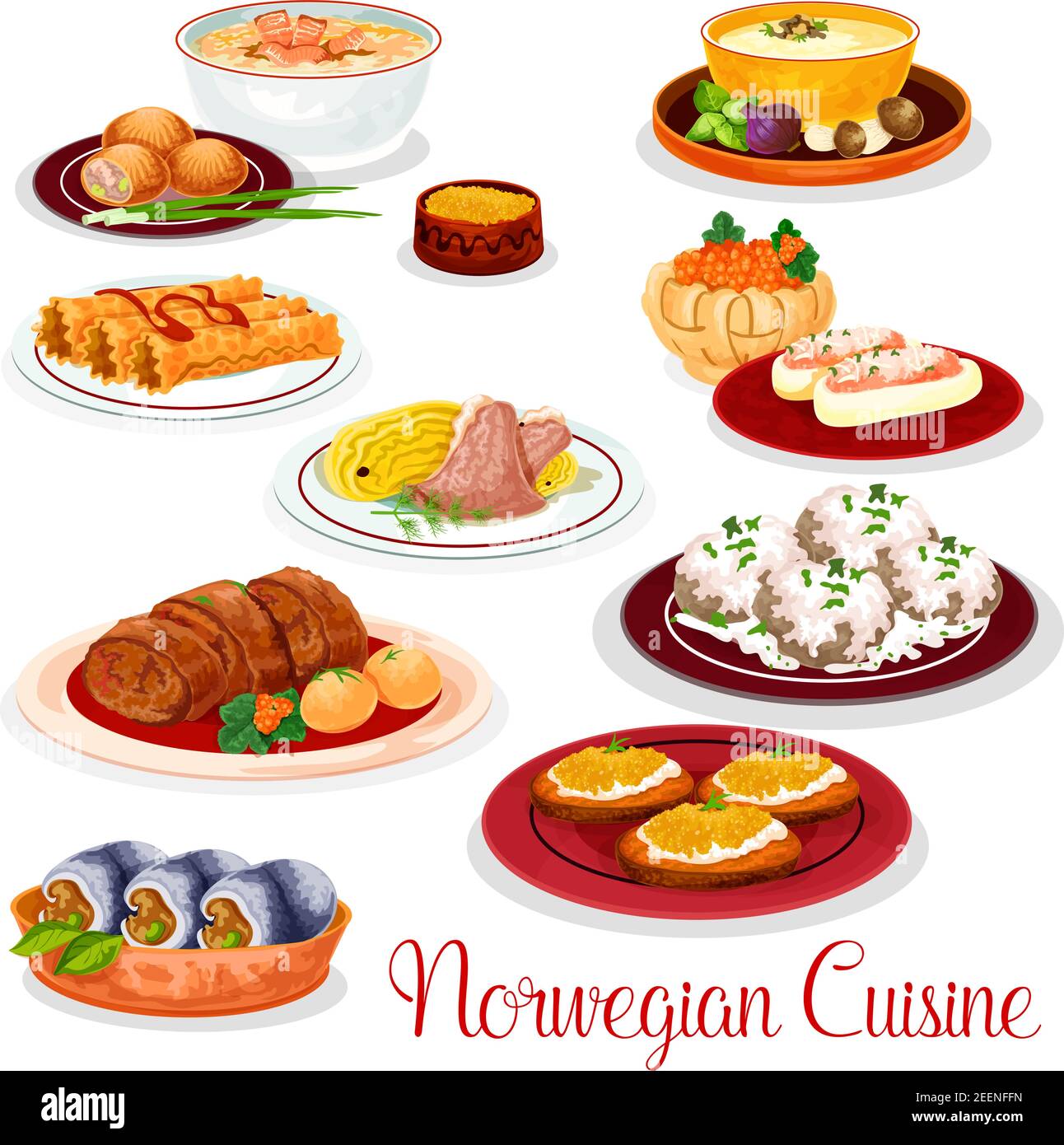 Norwegian cuisine national dishes of salmon potato pie, lamb cabbage stew, fish and mushroom cream soup, herring roll, pike roe toast, waffle and stuf Stock Vector