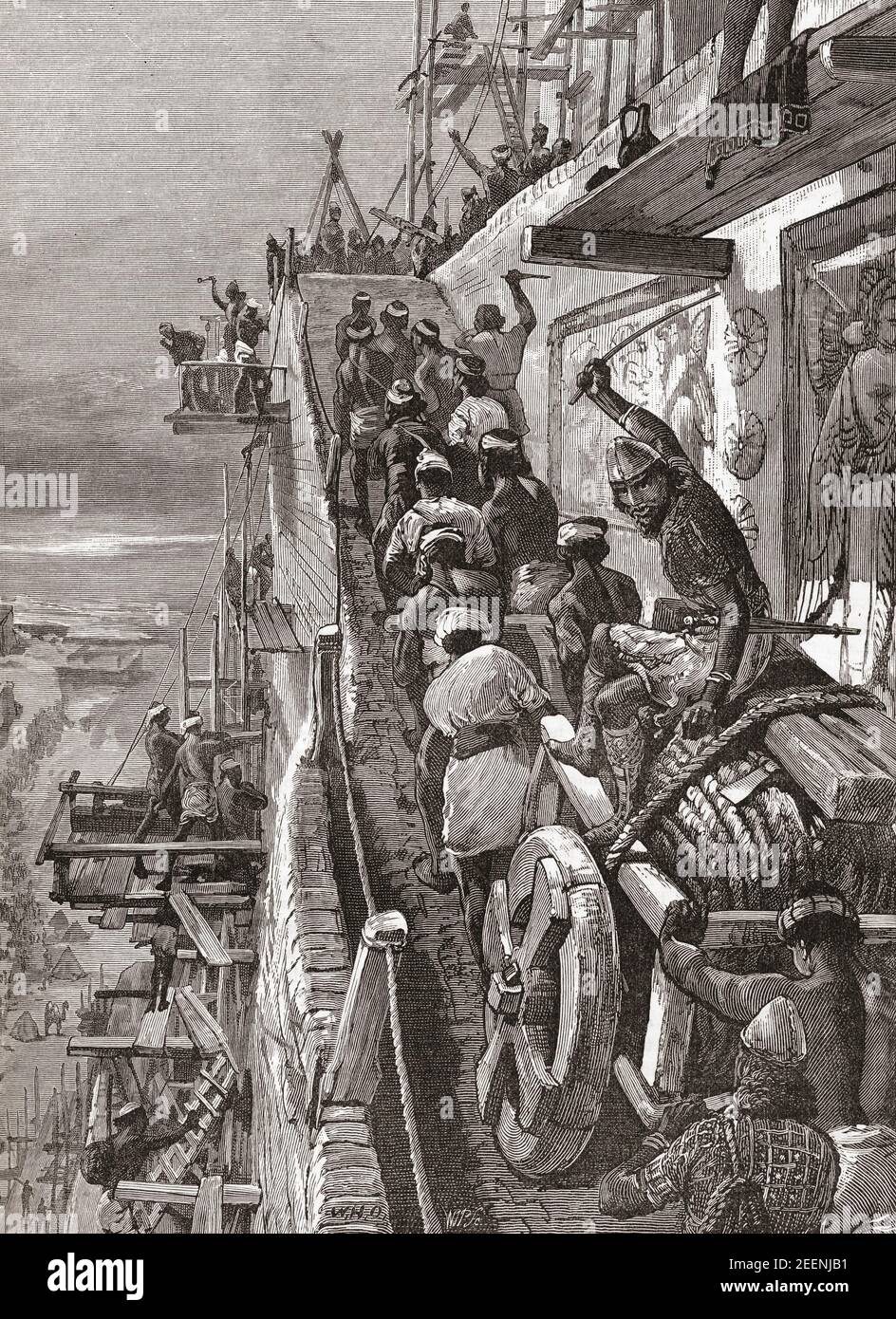 The building of Babel.  According to the myth, following the Great Flood, humanity agree to build a tower tall enough to reach heaven, God, seeing their city and tower confounded their speech so that they could no longer understand each other, and scattered them around the world. From Cassell's Universal History, published 1888. Stock Photo