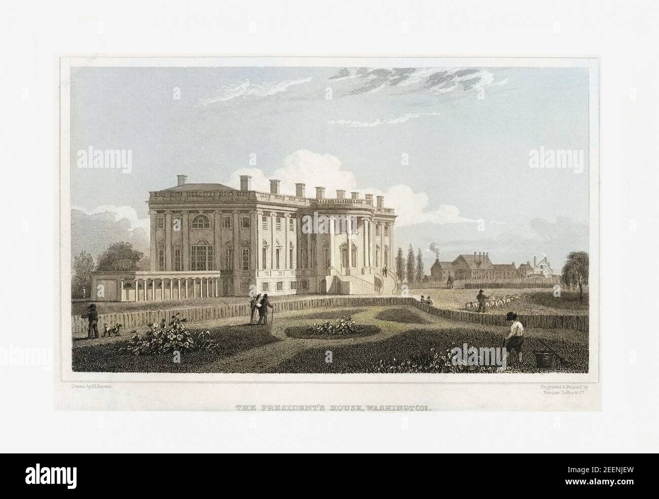 The President's House, Washington.  A version of this picture of the White House was used as the White House Christmas Card in 1974 during President Gerald Ford's tenure.  After a mid-19th century engraving by Fenner, Sears & Co from a work by H. Brown. Stock Photo