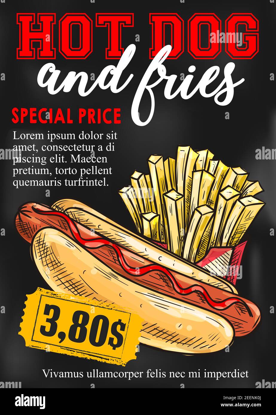Fast food hot dog and french fries price card or cinema bistro menu design template. Vector sketch sausage sandwich and crispy finger food snack for b Stock Vector
