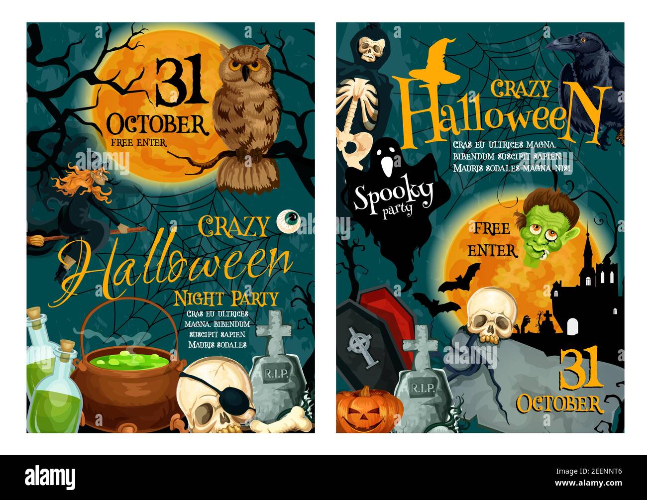 Spooky Halloween ghost and pumpkin poster set of holiday night party ...