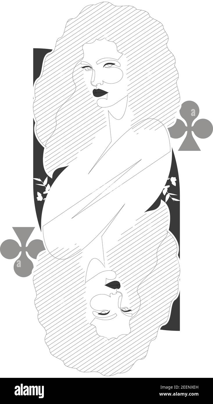 Queen of clubs one line illustration. Minimal design beautiful woman inspired by playing cards Stock Vector