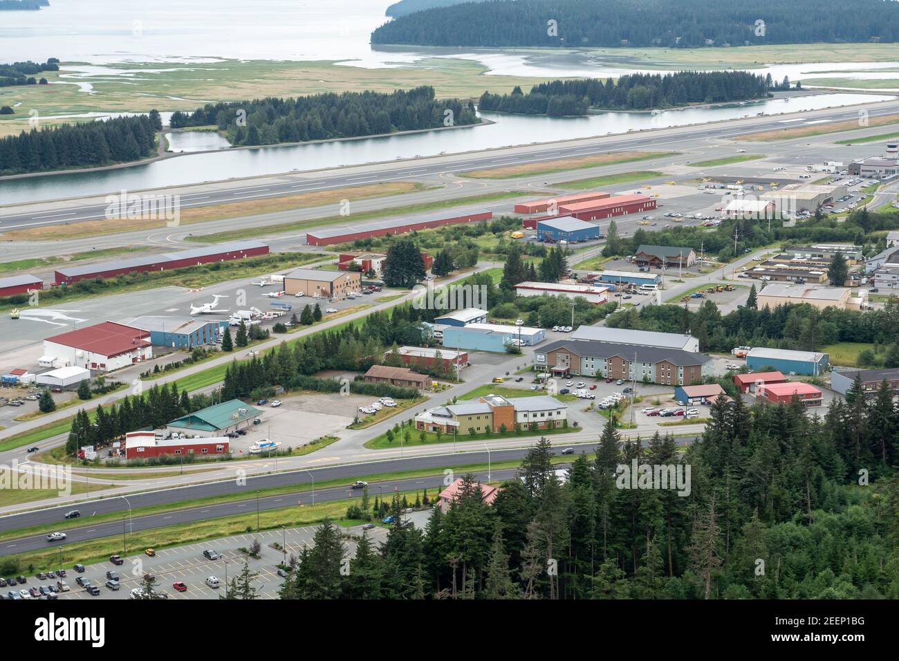 Panoramic View of Juneau airport from Thunder Mountain at Glacier Gardens Stock Photo