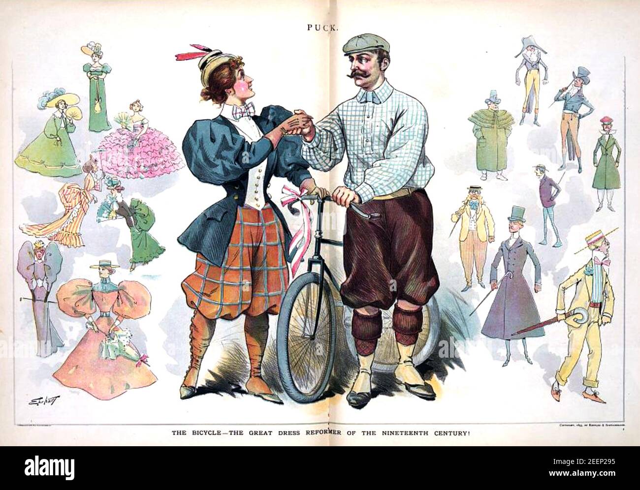 BICYCLE CLOTHES A satirical take on cycling fashion in the American magazine Puck in 1896 Stock Photo