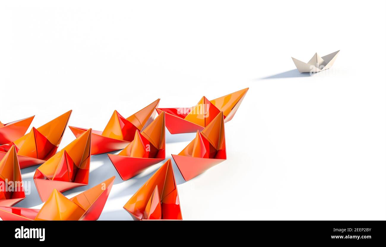 orange paper boats follow a white boat. 3d render. leader concept Stock Photo