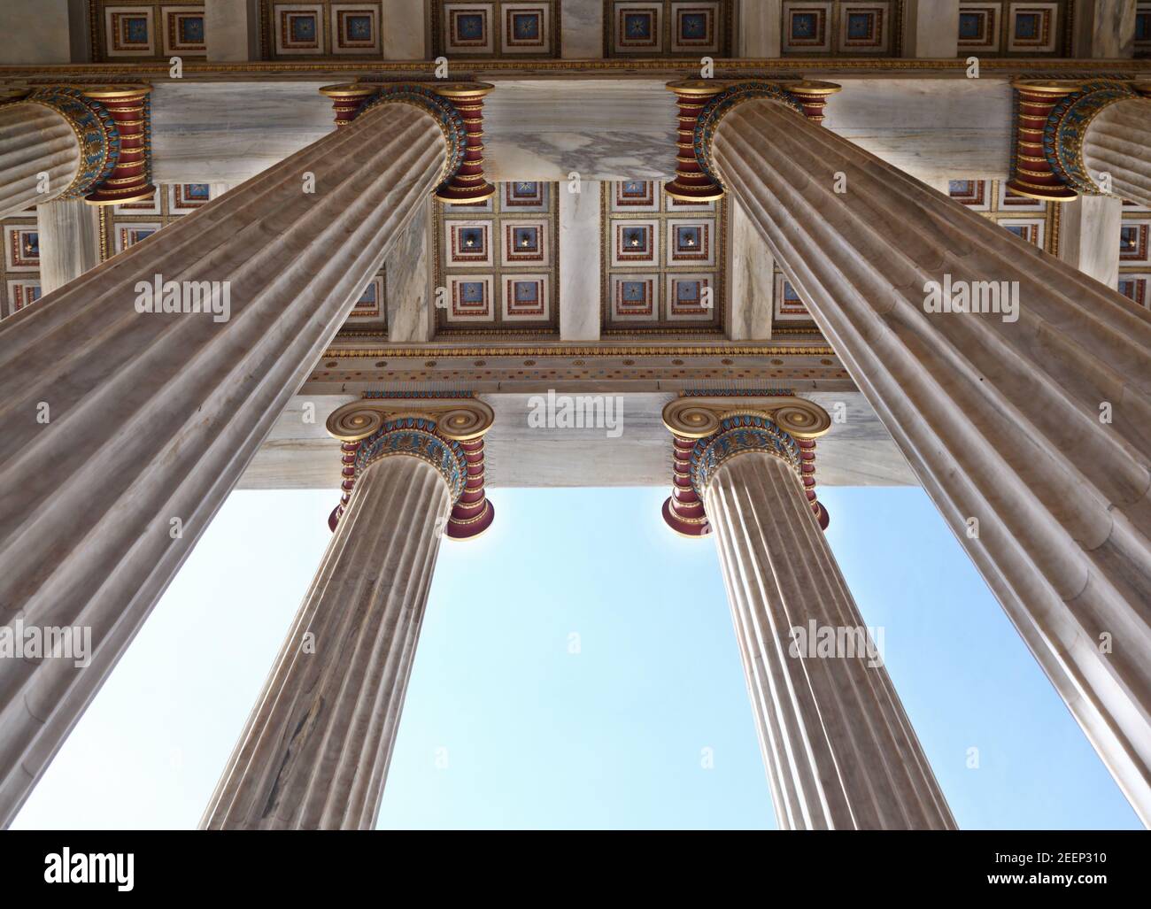Pillars at the main gate of the Academy of Athens, in Athens city, Greece, Europe Stock Photo
