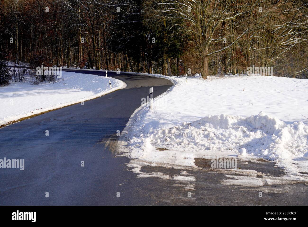 Winter landscape of empty asphalt road with trees alongside Stock Photo ...