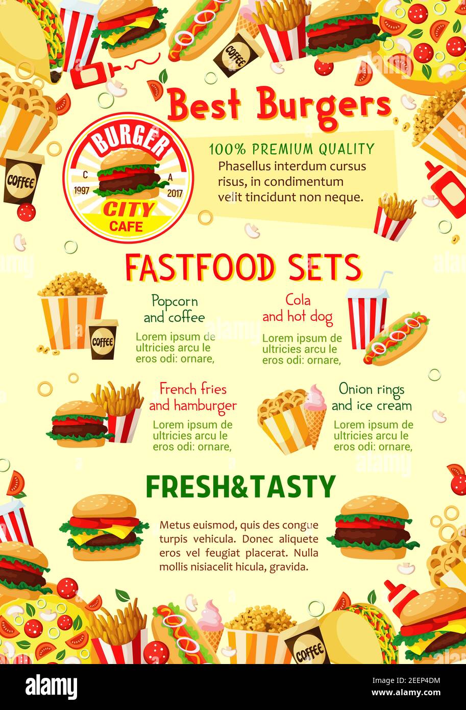 Fast food restaurant menu poster template. Vector combo sets for