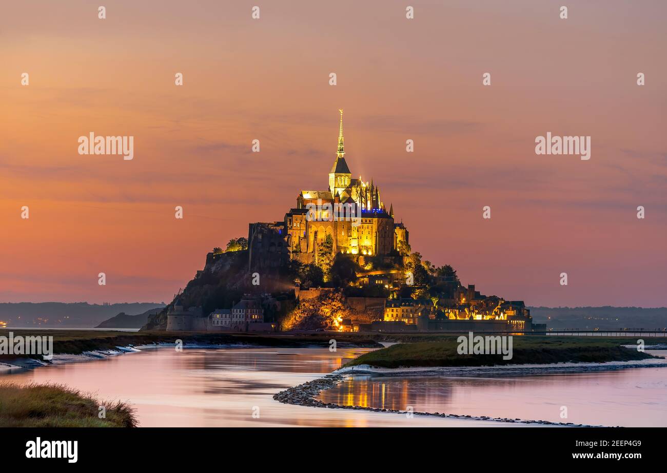 Mont Saint-Michel, France; July 24th 2020 - A view of Mont Saint-Michel at dusk, Normandy, France Stock Photo