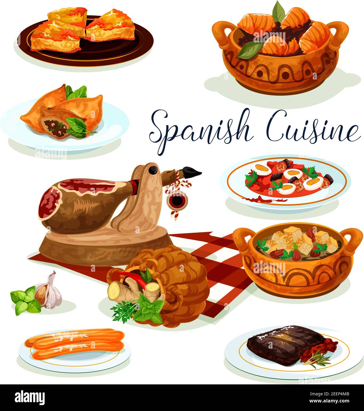 Spanish cuisine menu poster. Iberian ham, fish potato stew, sausage stew with vegetable and bean, salmon and lamb meat pie, beef steak with pepper tom Stock Vector