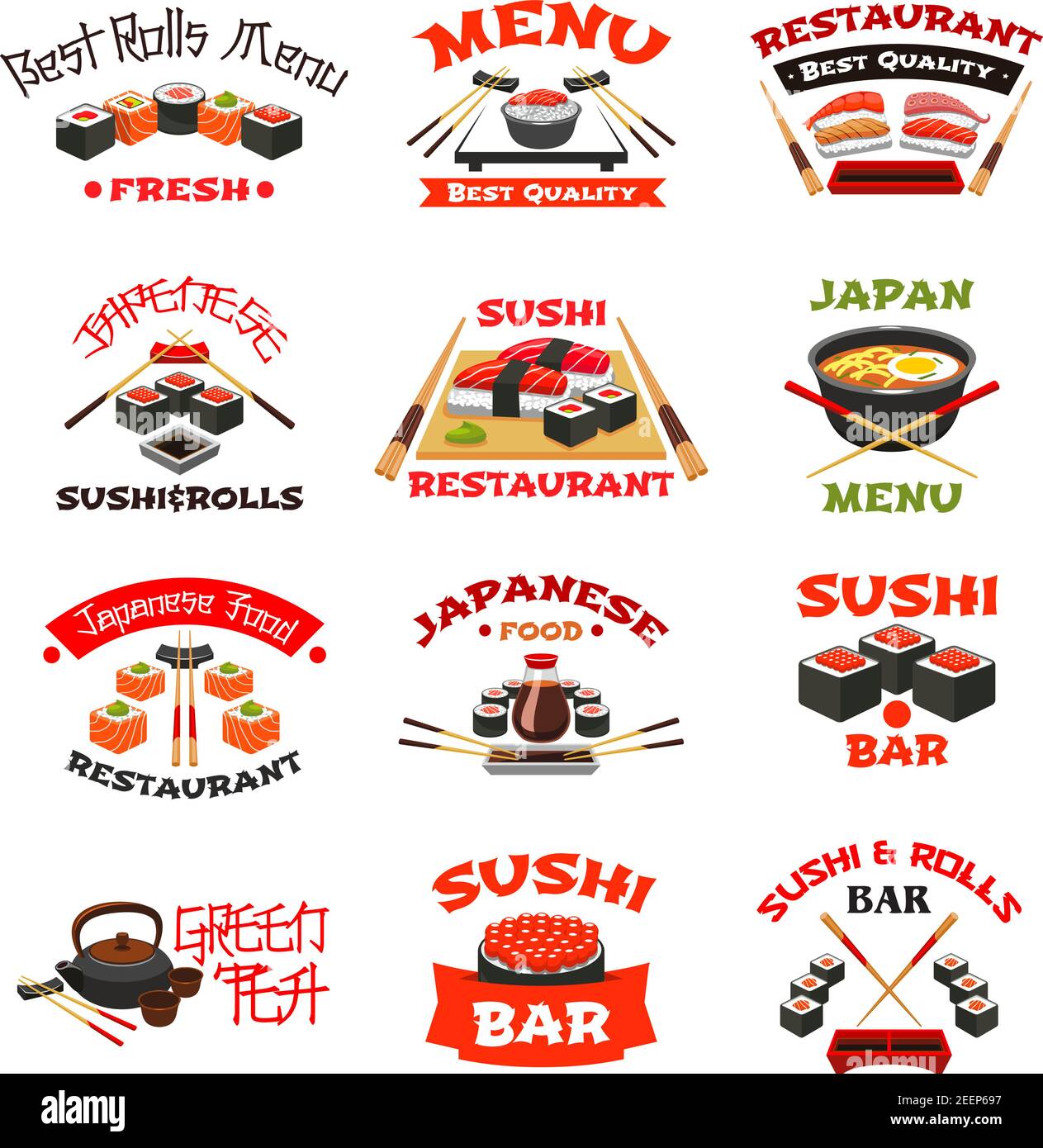 Sushi restaurant or bar icons for menu template. Vector isolated set of ...
