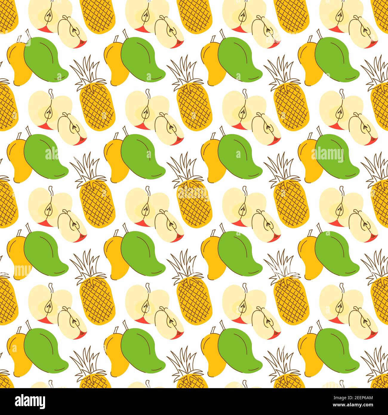 pattern background with three element fruits coloring. Tropic summer seamless pattern with pineapple, mango, apple Stock Vector