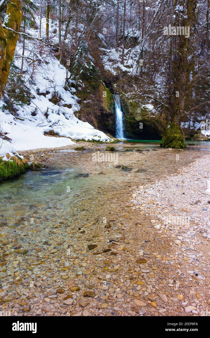 Winter scene with small waterfall with snow in natural forest Stock ...