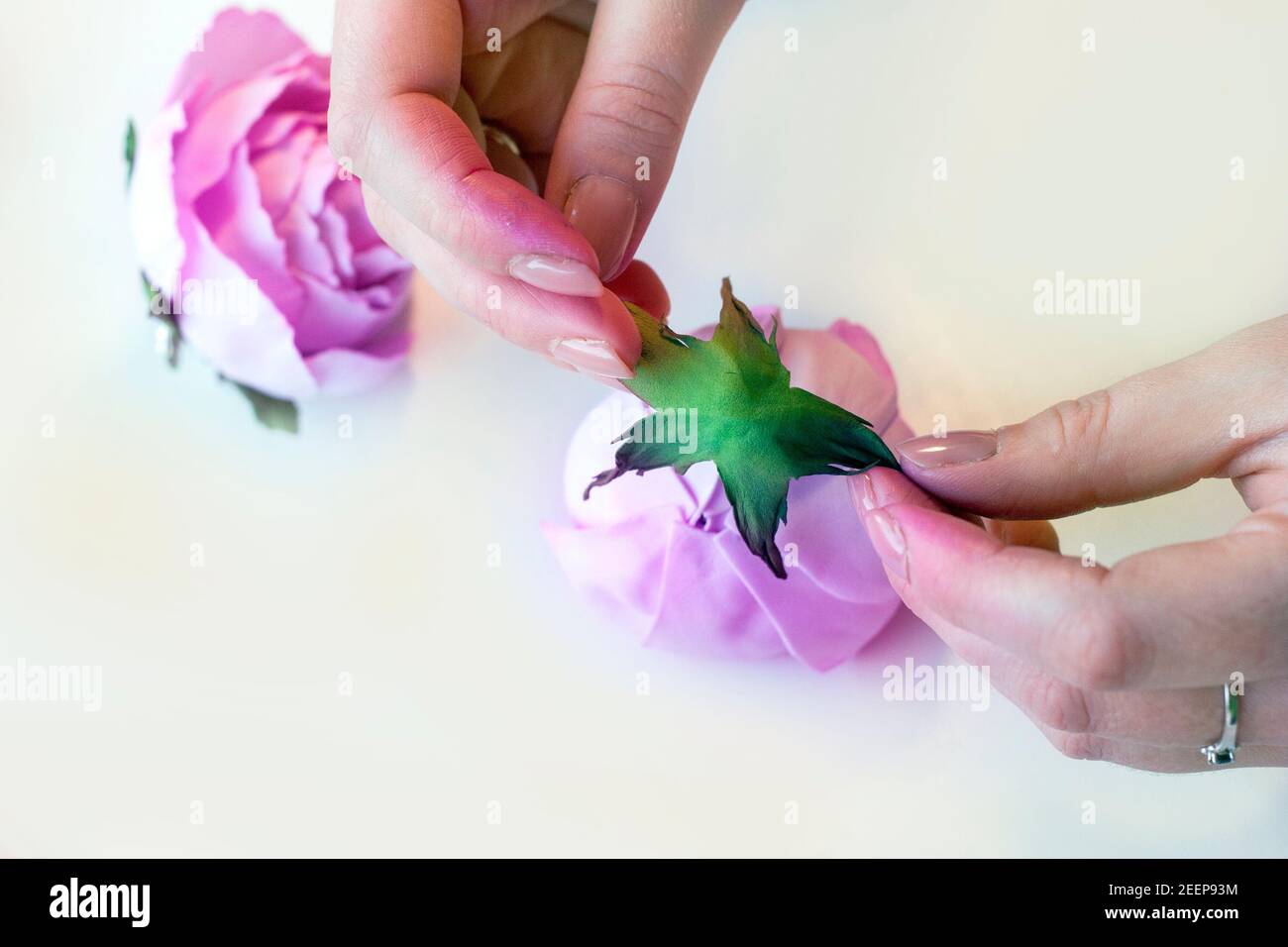 Artificial Rose Flowers from foam, foamiran Step-by-step masterclass workshop, handicraft guide,  Stock Photo