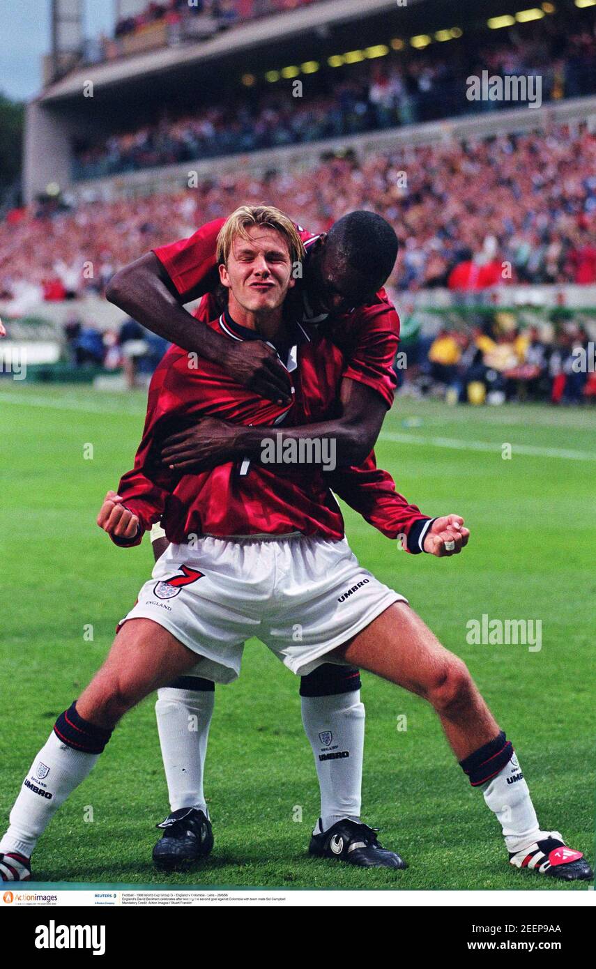 Football 1998 Fifa World Cup Group G England V Colombia Stade Felix Bollaert Lens 26 6 98 England S David Beckham Celebrates After Scoring The Second Goal Against Colombia With
