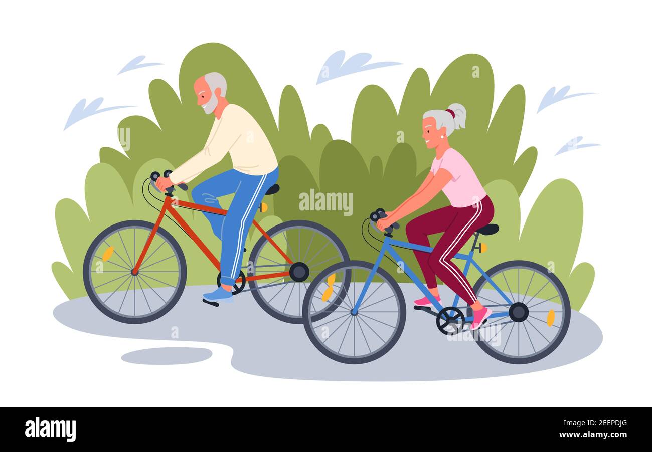 Elderly senior people cycling in park, cyclist grandfather grandmother ride bicycles Stock Vector