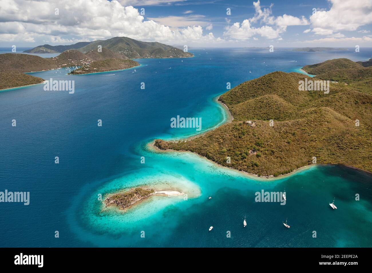 Aerial view of Waterlemon Cay on St. John, Virgin Island with the island of Tortola in the