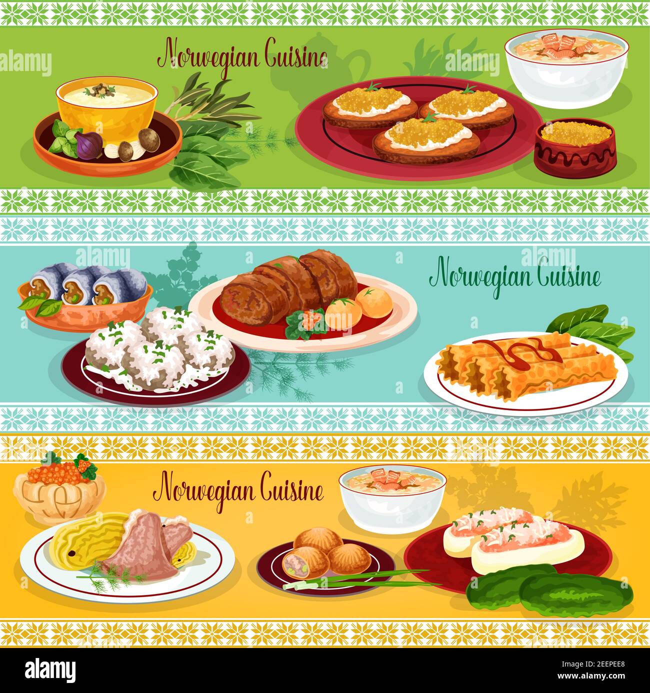 Norwegian cuisine seafood lunch restaurant banner set. Fish and mushroom cream soup, salmon potato pie, meat cabbage stew, herring roll, pike roe toas Stock Vector