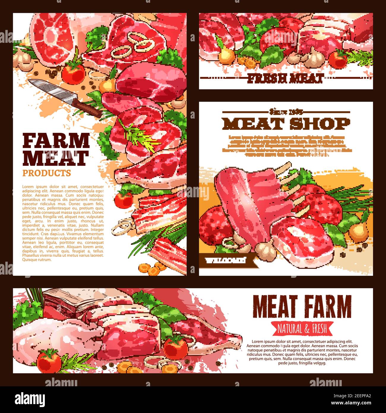 Meat fresh cut vector banner template set. Beef steak, pork ham, bacon and chop, lamb rib and