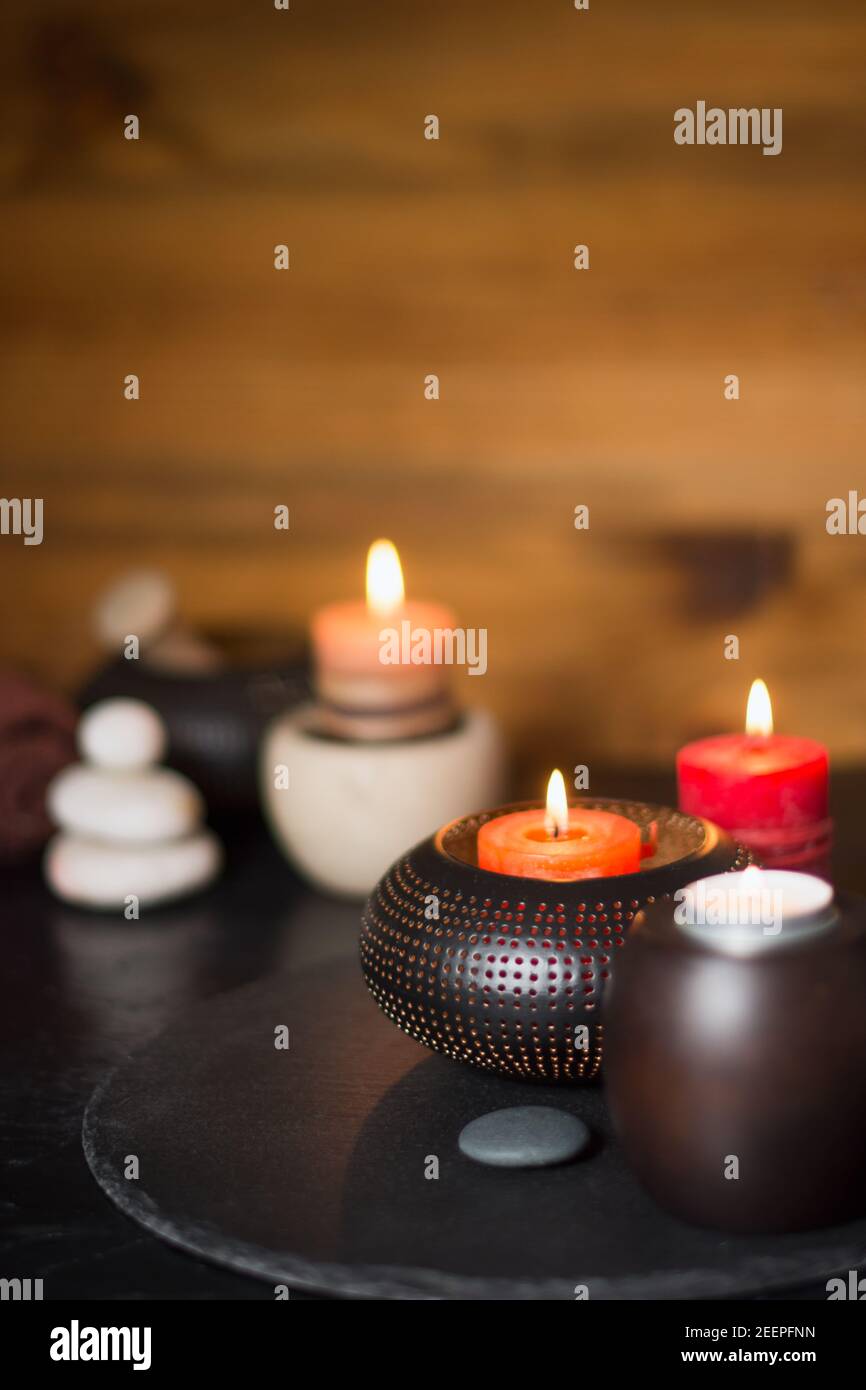 Meditation concept with lighted candles Stock Photo Alamy