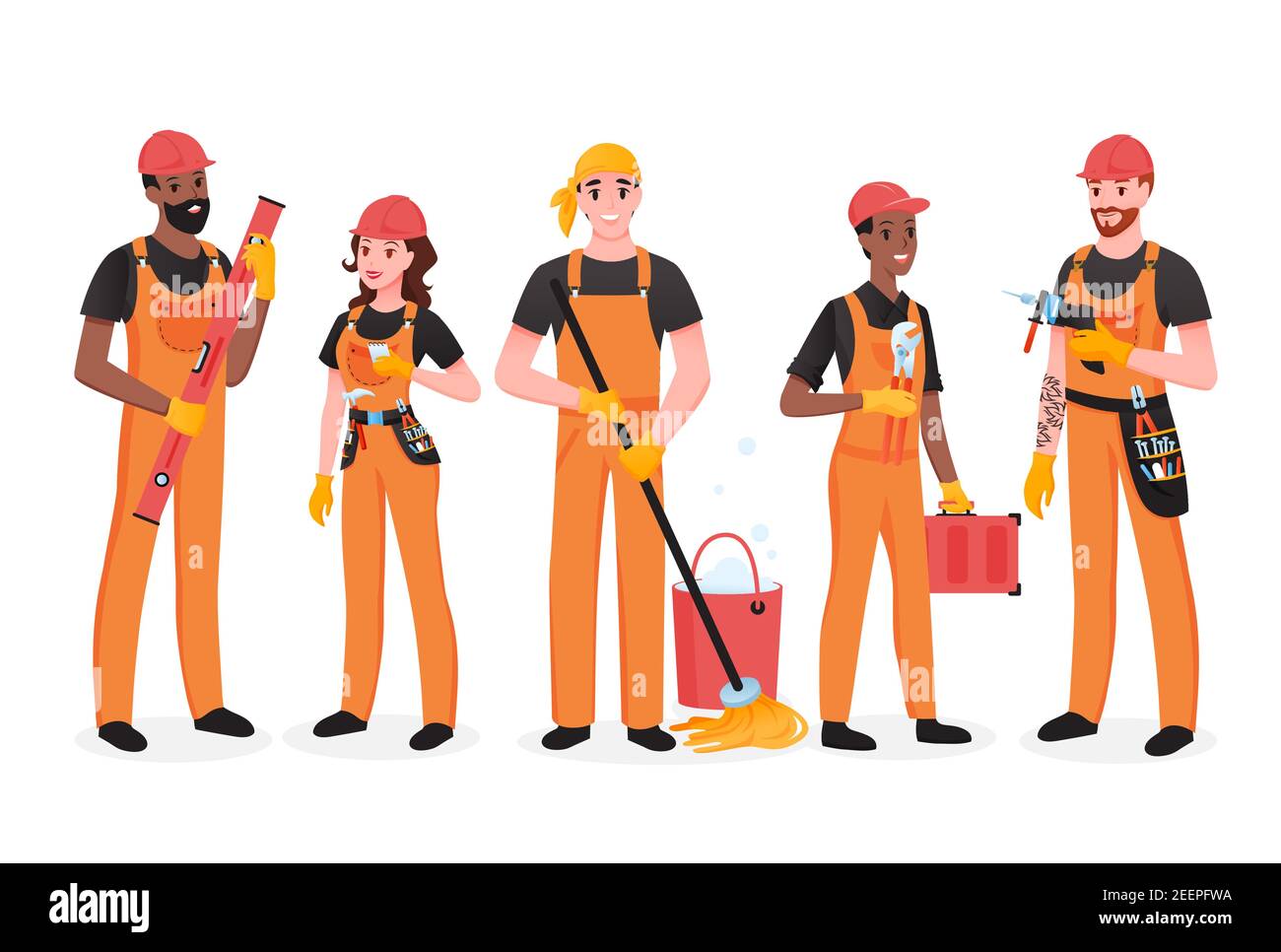 Repairman team of people set, happy workers of maintenance repair service standing Stock Vector