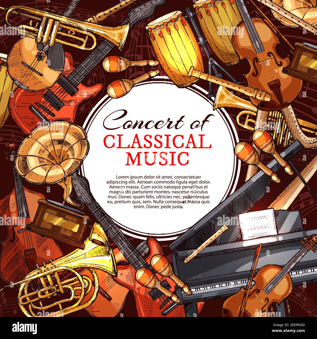 Music concert poster with musical instrument sketches. Guitar, piano, drum, jazz trumpet and horn, viola, electric guitar, flute, harp, maracas, mando Stock Vector