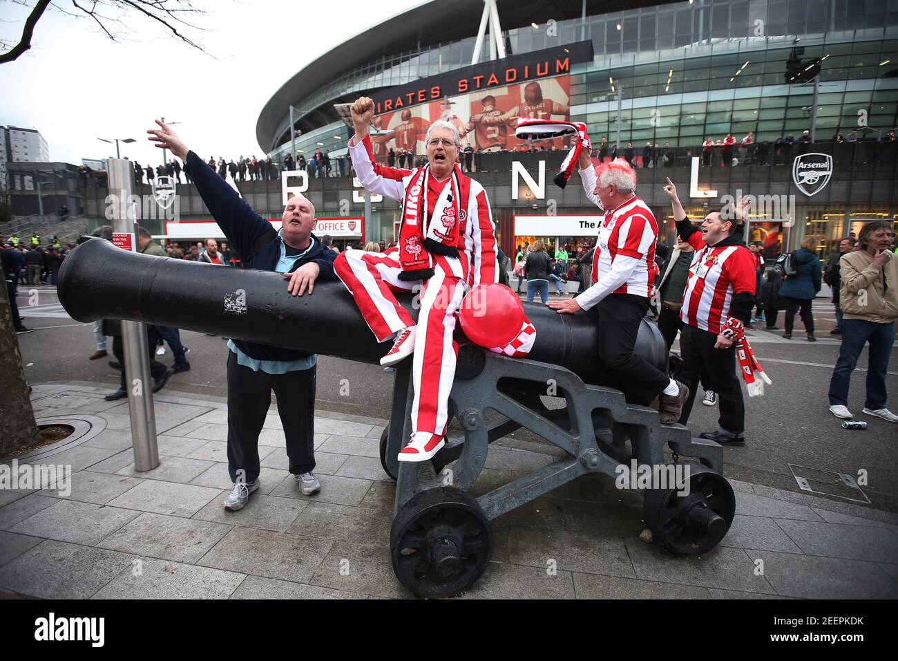 Britain Football Soccer - Arsenal v Lincoln City - FA Cup Quarter Final - The Emirates Stadium - 11/3/17 Lincoln fans outside the stadium before the match  Reuters / Paul Hackett Livepic EDITORIAL USE ONLY. No use with unauthorized audio, video, data, fixture lists, club/league logos or 'live' services. Online in-match use limited to 45 images, no video emulation. No use in betting, games or single club/league/player publications.  Please contact your account representative for further details. Stock Photo